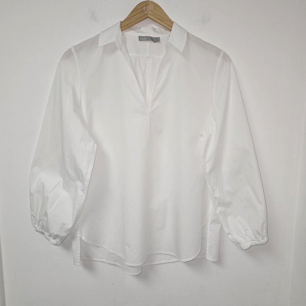 Vince Popover Top Blouse Size L White 100% Cotton Long Sleeve Minimalist Womens